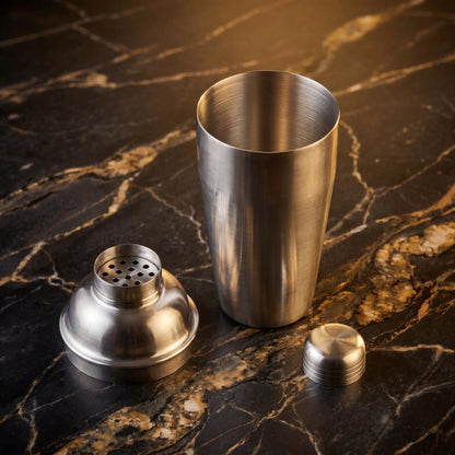 3dílný Koktejlový Shaker 750ml - nerezové mixovací příslušenství na elegantním mramorovém povrchu.